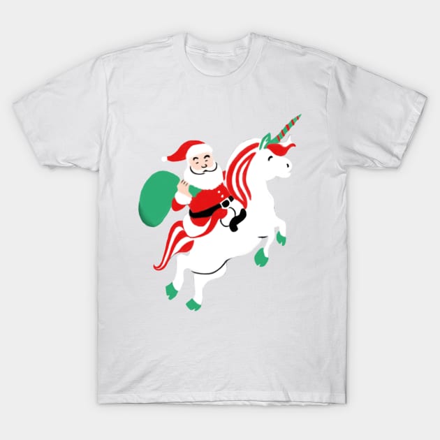 Santa On Flying Unicorn Funny Christmas Gift T-Shirt by Merchweaver